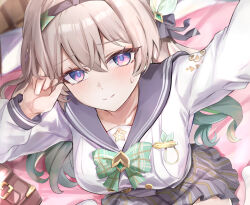 Rule 34 | 1girl, arm up, bed, black bow, black hairband, blue eyes, blush, bow, bowtie, breasts, closed mouth, collarbone, commentary request, firefly (honkai: star rail), firefly (spring missive) (honkai: star rail), green bow, green bowtie, grey sailor collar, grey skirt, hair bow, hairband, hand up, honkai: star rail, honkai (series), indoors, large breasts, long sleeves, looking at viewer, multicolored eyes, official alternate costume, on bed, paid reward available, plaid clothes, plaid skirt, purple eyes, revision, sailor collar, school uniform, serafuku, shirt, skirt, solo, sweatdrop, tomas (kaosu22), white shirt