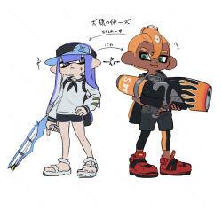 1boy 1girl ? anger_vein annoyed black_gloves black_leggings black_neckerchief black_sailor_collar black_shirt black_shoes black_shorts black_visor blue_hair blue_visor blunt_bangs collared_shirt colored_tongue commentary_request coula_cat dark-skinned_male dark_skin dolphin_shorts dot_nose fingerless_gloves gloves green_eyes grey_eyes gun hair_between_eyes hand_on_own_hip hat high_tops highres holding holding_gun holding_weapon ink_tank_(splatoon) inkling_girl inkling_player_character leggings long_hair long_sidelocks long_sleeves looking_at_another mohawk narrowed_eyes neckerchief nintendo octoling_boy octoling_player_character pointy_ears print_shirt raised_eyebrow range_blaster_(splatoon) sailor_collar sandals shirt shoes short_hair short_sleeves shorts side-by-side sidelocks simple_background sneakers sparks splatoon_(series) squiffer_(splatoon) teasing tentacle_hair thick_eyebrows tongue tongue_out translation_request two-tone_hat very_long_hair very_long_sidelocks visor_cap weapon white_background white_sandals white_shirt