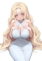1girl absurdres bare_shoulders blonde_hair breasts cleavage closed_mouth commentary_request dress grey_eyes hands_on_own_chest hands_up highres korean_commentary large_breasts long_hair mh111026 original sideboob sitting sleeveless sleeveless_dress smile solo white_dress