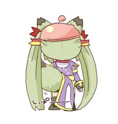 Rule 34 | 1girl, animal ears, black boots, boots, commentary request, dress, fox ears, fox girl, fox tail, from behind, full body, green hair, hat, juliet sleeves, long hair, long sleeves, pink hat, priest (ragnarok online), puffy sleeves, purple dress, ragnarok masters, ragnarok online, simple background, solo, standing, tail, tanaka yuugo, twintails, very long hair, white background