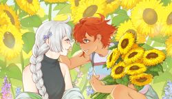 2girls ahoge alternate_hairstyle bouquet braid commentary_request couple day eye_contact flower gksrnrdmlaksu green_eyes grey_eyes gundam gundam_suisei_no_majo hair_flower hair_ornament highres holding holding_bouquet korean_commentary long_hair looking_at_another medium_hair miorine_rembran multiple_girls outdoors red_hair shirt shorts smile suletta_mercury sunflower t-shirt thick_eyebrows white_hair yuri