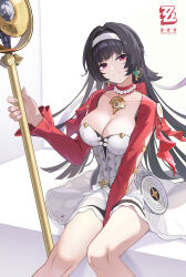 1girl absurdres astra_yao bead_necklace beads between_legs black_hair breasts cleavage copyright_logo dress earrings fingernails hairband hand_between_legs highres holding holding_staff jacket jewelry large_breasts long_hair necklace pink_eyes red_jacket sitting smile staff w-baiye white_dress white_hairband zenless_zone_zero