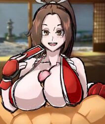 1boy 1girl animated audible_music bare_shoulders blurry blurry_background blush bouncing_breasts breasts brown_eyes brown_hair bukkake censored center_opening closed_eyes closed_mouth clothed_paizuri collarbone cum cum_on_body cum_on_breasts cum_on_hair cum_on_upper_body dot_nose ejaculation ejaculation_between_breasts evilaudio excessive_cum eyebrows facial fingerless_gloves gloves hand_up handsfree_paizuri happy hetero huge_breasts indoors licking_lips long_hair matching_hair/eyes miyukiva mosaic_censoring one_eye_closed open_mouth paizuri penis ponytail pov pov_crotch red_gloves red_shirt shiranui_mai shirt sleeveless sleeveless_shirt smile snk solo_focus sound tagme teeth the_king_of_fighters third-party_edit tongue tongue_out two-tone_shirt upper_body upper_teeth_only video vkid white_shirt
