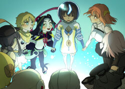 Rule 34 | 3boys, 6+girls, altera (fate), altera the santa (fate), bare shoulders, baseball cap, belt, black hair, black hat, black leotard, black pants, black pantyhose, black shirt, black skirt, blonde hair, blue bodysuit, blue eyes, blue hair, blush, body markings, bodysuit, breasts, chaldea uniform, cleavage cutout, closed eyes, clothing cutout, collared shirt, dumuzid (fate), earmuffs, fate/grand order, fate (series), fishbowl helmet, fujimaru ritsuka (female), glowing, glowing hair, grey hair, hair ornament, hair scrunchie, hat, highres, hiyayaako, holding hands, kriemhild (fate), kriemhild (first ascension) (fate), leotard, long hair, long sleeves, low twintails, mash kyrielight, mash kyrielight (demi-servant), medium breasts, medium hair, multicolored hair, multiple boys, multiple girls, navel, navel cutout, off-shoulder shirt, off shoulder, one side up, open mouth, orange eyes, orange hair, orange scrunchie, pants, pantyhose, parted bangs, pink hair, scarf, scrunchie, sheep, shirt, short hair, short twintails, sidelocks, skirt, small breasts, smile, streaked hair, taisui xingjun (fate), thighs, tunic, twintails, two-tone bodysuit, two-tone shirt, utsumi erice, utsumi erice (swimsuit avenger), utsumi erice (swimsuit avenger) (first ascension), veil, voyager (fate), wandjina (fate), wandjina (first ascension) (fate), white bodysuit, white shirt, white tunic, yagyuu munenori (fate), yellow scarf