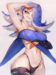 1girl arm_over_head arm_under_breasts blue_hair chest_sarashi earrings elbow_gloves fang fumio_(rsqkr) gloves highres jewelry looking_at_viewer multiple_earrings navel nintendo octoling pants pointy_ears redesign sarashi shiver_(deep_cut_outfit)_(splatoon) shiver_(splatoon) single_elbow_glove single_thighhigh smile solo splatoon_(series) splatoon_3 stylistic tentacle_hair thighhighs thighs thong tooth_earrings torn_clothes torn_gloves