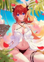 1girl :q absurdres aoi_tooru arknights bare_shoulders bikini black_bikini blue_sky blush breasts burnt_clothes cleavage cloud cloudy_sky commentary_request criss-cross_halter demon_horns falling_petals hair_between_eyes hair_ornament hair_rings halterneck highres horns large_breasts long_hair looking_at_viewer navel off_shoulder official_alternate_costume petals purple_eyes red_hair red_petals sky solo star_(symbol) star_hair_ornament stomach surtr_(arknights) surtr_(colorful_wonderland)_(arknights) swimsuit swimsuit_cover-up thigh_strap thighs tongue tongue_out