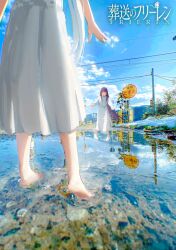 2girls absurdres barefoot blue_sky chromatic_aberration cloud cloudy_sky color_banding commentary day dress english_text faux_traditional_media feet fence fern_(sousou_no_frieren) frieren full_body highres long_hair lower_body mountainous_horizon multiple_girls perspective photo_background power_lines puddle purple_hair railroad_crossing reflection refraction road_sign rural scenery sign sky smile soles sousou_no_frieren standing stop_sign sundress takoyoomi utility_pole wading water white_dress white_hair