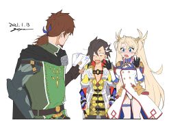 1girl 2boys arms_up belt black_belt black_cape black_hair blank_eyes blonde_hair blue_ribbon bradamante_(fate) braid breasts cape cleavage collarbone cropped_legs dated embarrassed fate/grand_order fate_(series) fingerless_gloves gloves goya_(xalbino) hector_(fate) holding long_hair looking_at_another mandricardo_(fate) multiple_boys nervous_sweating open_mouth pectorals ponytail prosthesis prosthetic_arm ribbon short_hair simple_background sweat twintails white_background