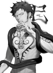 1boy abs absurdres animal animal_skull arm_tattoo chest_tattoo closed_mouth cowboy_shot cube dated earrings fangs finger_tattoo frown greyscale hand_tattoo heart highres holding holding_cube jewelry ksuke_(k-taro31) looking_to_the_side male_focus monochrome multiple_earrings multiple_tattoos nipples one_piece pectorals piercing short_hair sideburns sideways_glance snake snake_wrapped_around_body solo tattoo toned toned_male topless_male trafalgar_law white_background