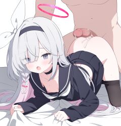 1boy 1girl absurdres aftersex bed_sheet black_choker black_eyes black_hairband black_pantyhose black_sailor_collar black_serafuku black_shirt black_skirt blue_archive blue_pupils braid breasts censored chinese_commentary choker clothed_female_nude_male clothed_sex clothes_pull colored_inner_hair commentary_request cum doggystyle grey_hair hairband halo hetero highres jyt long_hair mismatched_pupils mosaic_censoring multicolored_hair neckerchief nipples nude open_mouth pantyhose pantyhose_pull penis pink_hair pink_halo plana_(blue_archive) red_pupils sailor_collar school_uniform serafuku sex_from_behind sheet_grab shirt side_braid single_braid skirt small_breasts very_long_hair white_neckerchief