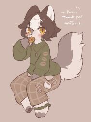 1boy anklet blush borrowed_character brown_hair brown_pants checkered_clothes checkered_pants colored_bangs commission cookie eating flipped_hair food furry furry_male green_sweater grey_fur grey_tail hand_rest highres holding holding_food jewelry looking_at_viewer multicolored_hair necklace original pants paulo_(paulo_z) pawpads pendant shirt sitting skeb_commission solo sweater tail torakuro_kumezu twitter_username two-tone_fur two-tone_hair two-tone_tail white_fur white_hair white_shirt white_tail wolf_boy yellow_eyes