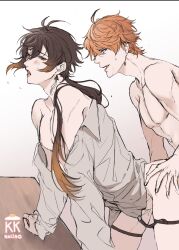 2boys against_table anal blush genshin_impact hand_on_another&#039;s_ass hand_on_table highres kornkan_bs2m multiple_boys open_mouth sex sex_from_behind spread_legs tartaglia_(genshin_impact) thigh_strap white_background yaoi zhongli_(genshin_impact)