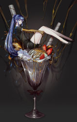 1other bare_legs black_footwear black_shirt black_shorts blue_eyes blue_hair commentary english_commentary food from_side fruit gem_uniform_(houseki_no_kuni) grey_background high_heels highres houseki_no_kuni ice_cream in_food long_hair looking_at_viewer looking_to_the_side matching_hair/eyes mini_person minigirl phosphophyllite phosphophyllite_(ll) ponytail shirt short_shorts short_sleeves shorts sitting softmode solo spoilers strawberry very_long_hair