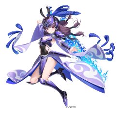 1girl absurdres aku_no_onna_kanbu:_perigee_new_moon animal_ears arm_behind_head arm_up armor armored_boots arrow_(tamawo222) black_boots black_leotard boots breasts brown_hair character_request closed_mouth commentary_request covered_navel full_body helmet highres knee_boots knees_together_feet_apart leotard long_hair looking_at_viewer official_art pauldrons purple_boots purple_helmet rabbit_ears red_eyes short_sleeves shoulder_armor simple_background small_breasts smile solo white_background wide_sleeves