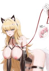 2girls absurdres animal_ears bdsm blonde_hair blue_eyes blush bondage_outfit bound breasts character_request collar douhao_(cmza8875) elbow_gloves femdom gloves highres large_breasts leash long_hair looking_at_viewer multiple_girls open_mouth pet_play resonance_solstice slave tail