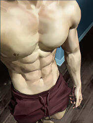 1boy abs brown_male_underwear commentary_request drawstring head_out_of_frame highres korean_commentary male_focus male_underwear navel nipples original pectorals solmuk0 solo standing toned toned_male topless_male underwear veins veiny_arms wooden_floor