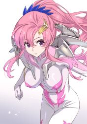 1girl blue_eyes bodysuit breasts covered_erect_nipples female_focus gundam gundam_seed gundam_seed_freedom hair_ornament highres lacus_clyne long_hair looking_at_viewer mecha_pilot_suit mechanical_wings normal_suit_(gundam) open_mouth pink_hair ponytail science_fiction solo suzutsuki_kurara very_long_hair wings