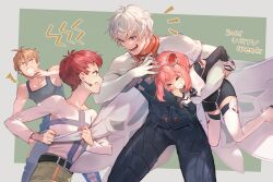 1girl 3boys absurdres ahoge albedo_piazzolla allen_ridgeley black_dress bomssp cape dress hair_ornament highres jr. momo_mizrahi multiple_boys open_mouth pink_hair short_dress short_hair silver_trim simple_background skirt smile thighhighs xenosaga