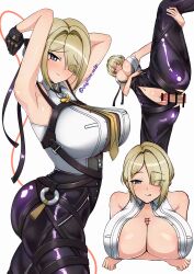 Rule 34 | 1boy, 1girl, absurdres, armpits, arms under breasts, arms up, artist name, ass, bar censor, black pants, black ribbon, blonde hair, breast strap, breasts, censored, chest strap, closed mouth, collared shirt, covered erect nipples, crossed legs, embarrassed, evelyn chevalier, eyebrows hidden by hair, eyes visible through hair, hair ribbon, high-waist pants, highres, large breasts, latex, latex pants, leg up, long hair, long ribbon, looking at viewer, mole, mole under eye, multiple views, nasubi atmark, navel, necktie, open clothes, open shirt, paizuri, pants, penis, purple eyes, pussy, ribbon, shirt, signature, sleeveless, sleeveless shirt, smile, solo, standing, strap, thighs, tight clothes, tight pants, tongue, tongue out, vaginal, white background, white shirt, yellow necktie, zenless zone zero