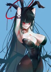 1girl absurdres animal_ears arms_up black_gloves black_hair black_leotard black_pantyhose black_wings blue_archive blue_background breasts choker closed_mouth fake_animal_ears gloves highleg highleg_leotard highres huge_breasts latex latex_gloves leotard looking_at_viewer low_wings pantyhose playboy_bunny red_choker red_eyes seeeok smile solo strapless strapless_leotard tsurugi_(blue_archive) wings