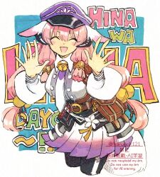 1girl :d ^_^ animal_ears armor bell black_pantyhose blue_hat breasts closed_eyes gradient_clothes gradient_skirt hair_bell hair_ornament harunok121 hat hina_(rune_factory) horns japanese_armor kusazuri long_hair looking_at_viewer medium_breasts miniskirt necktie open_mouth pantyhose pauldrons pink_hair pouch puffy_sleeves rune_factory rune_factory:_guardians_of_azuma shirt shoulder_armor skirt smile solo tail waving white_shirt