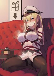 1girl arrow_(symbol) bdsm black_pantyhose blonde_hair blue_eyes blush bondage bound breasts commentary_request couch cross female_focus foreshortening graf_zeppelin_(kancolle) hair_between_eyes half-closed_eyes hat highres indoors iron_cross kantai_collection large_breasts layered_sleeves necktie no_pants on_couch pantyhose peaked_cap red_necktie rope shibari sitting solo thighs toy_airplane tsuchino_(tigersaber) tsurime white_hat