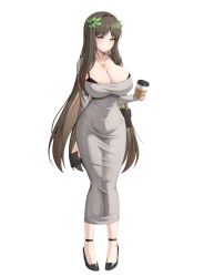 1girl absurdres bag black_bra black_shoes black_survival bra breasts brown_hair cleavage closed_mouth commentary_request covered_navel cup disposable_cup dongtan_dress dress eternal_return:_black_survival full_body green_eyes grey_dress gweon_sua hair_branch handbag high_heels highres holding holding_cup impossible_clothes impossible_dress kisa_(leg3043) korean_commentary large_breasts long_dress long_hair looking_at_viewer meme_attire revision shoes shoulder_bag simple_background smile solo standing symbol-shaped_pupils taut_clothes taut_dress underwear very_long_hair white_background