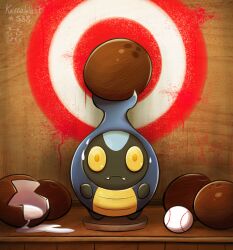 baseball character_name closed_mouth coconut colored_sclera commentary english_commentary fangs full_body gen_5_pokemon highres karrablast nervous_sweating nintendo no_humans orange_eyes pokedex_number pokemon pokemon_(creature) pokemon_focus solo sweat target toon_(style) twime777 yellow_sclera