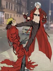 2boys abs black_gloves black_pants blonde_hair brown_pants closed_eyes coat commentary crossover dante_(devil_may_cry) devil_may_cry_(series) double_middle_finger english_commentary full_body gloves grey_hair grin hair_slicked_back highres kiweewee looking_at_viewer middle_finger multiple_boys no_shirt orange-tinted_eyewear pants photo-referenced photo_background red_coat short_hair smile sunglasses tinted_eyewear toned toned_male trigun vash_the_stampede