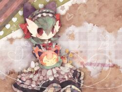 Rule 34 | blush, bob cut, bow, closed eyes, clothed pokemon, colored skin, dress, frilled dress, frills, gardevoir, gardevoir day, gen 3 pokemon, green hair, green skin, hair bow, heart, holding, holding pokemon, jas pkmn04, maid headdress, multicolored skin, nintendo, pink bow, pink fur, pokemon, pokemon (creature), skitty, smile, two-tone skin, white skin