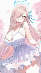 1girl absurdres alternate_costume asuna_(blue_archive) bare_arms bare_shoulders blonde_hair blue_archive blue_eyes blue_ribbon blush cherry_blossoms hair_over_one_eye hair_ribbon highres long_hair looking_at_viewer mango_(mango0208) parted_lips ribbon sidelocks skirt skirt_hold smile solo tank_top white_skirt white_tank_top