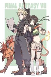 1girl 2boys backpack bag belt bracelet buster_sword cloud_strife copyright_name decoponmagi final_fantasy final_fantasy_vii final_fantasy_vii_rebirth final_fantasy_vii_remake highres jewelry looking_at_another map multiple_boys open_belt open_fly pointing red_fur red_hair red_xiii scar scar_on_face short_shorts shorts sleeveless sleeveless_turtleneck smile spiked_hair sword turtleneck weapon weapon_on_back yuffie_kisaragi