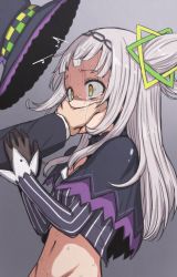 1girl ^^^ black_capelet black_headwear blunt_bangs brown_gloves capelet cone_hair_bun cropped_shirt grabbing_another&#039;s_face from_side gloves gradient_eyes grey_background grey_hair groin hair_bun hands_up hat hexagram highres hololive imminent_rape long_hair long_sleeves mame_rakko multicolored_eyes murasaki_shion murasaki_shion_(1st_costume) navel pinstripe_pattern pinstripe_shirt shirt simple_background single_side_bun solo_focus striped_clothes striped_shirt tears unworn_hat unworn_headwear vertical-striped_clothes vertical-striped_shirt virtual_youtuber wide-eyed witch_hat yellow_eyes