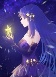 Rule 34 | 1girl, bare shoulders, bracelet, breasts, cleavage, commentary request, cowboy shot, dress, elbow gloves, expressionless, from side, gloves, gown, hair ornament, highres, holding, holding star, infinity nikki, jewelry, kichisuke, lace, lace-trimmed dress, lace trim, large breasts, light particles, long dress, long hair, looking ahead, necklace, nikki (series), object floating above hand, parted lips, pointy nose, purple dress, purple eyes, purple gloves, purple hair, purple theme, solo, space, standing, star (symbol), star hair ornament, star necklace, star sea (nikki), straight hair, strapless, strapless dress, very long hair