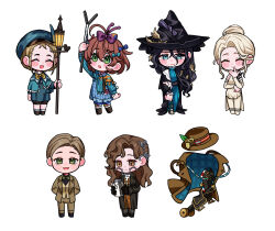 1boy 5girls :d :o antenna_hair arm_up arthur_fog black_cape black_coat black_gloves black_hair black_hat black_pantyhose black_shirt blonde_hair blue_cloak blue_dress blue_eyes blue_hat blue_pants bow braces brimley_(reverse:1999) brown_coat brown_hair brown_hat brown_jacket brown_pants brown_suit cape caroline_bartley chibi cloak coat dress fedora flutterpage formal_clothes gloves green_eyes haihaiera hair_bow hair_bun hat highres hobby_horse holding holding_jar holding_lamp holding_rod jacket jar lamplighter_(reverse:1999) leotard looking_at_object looking_up multiple_girls multiple_hair_bows open_mouth pants pants_under_dress pantyhose red_dress reins reverse:1999 rod saddle shirt short_hair smile standing suit sweat tooth_fairy_(reverse:1999) unworn_coat unworn_hat unworn_headwear wheel white_background white_leotard white_pantyhose willow_(reverse:1999) witch_hat