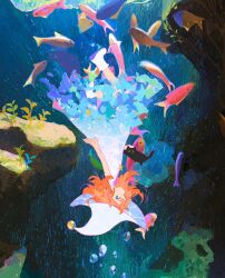 1girl air_bubble black_cat blue_eyes boots bubble cat colorful dress fish hat highres mengxuanliart nature orange_hair original outdoors plant rock shoes short_hair underwater upside-down white_dress witch_hat