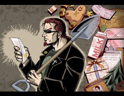 border clipboard coat dildo donut epic food gift junk medicine_bottle milk postal_(game) postal_2 postal_dude red_hair sex_toy shirt shovel steak sunglasses t-shirt tagme tree trench_coat weapon