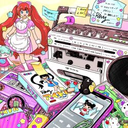 apron cassette_player cassette_tape cellphone charm_(object) commentary dress english_commentary figure highres iphone lighter loaded_interior maid no_humans original phone pink_dress procreate_(medium) red_hair retro_artstyle ring_411 smartphone sticky_note still_life tamagotchi tamagotchi_(virtual_pet) toy twintails