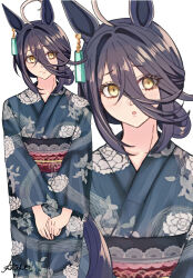 Rule 34 | 1girl, ahoge, animal ears, artist name, b9pqpy, black hair, black sash, blue kimono, closed mouth, crossed bangs, ear tag, earrings, furrowed brow, grey hair, hair between eyes, hair over shoulder, highres, horse ears, horse girl, horse tail, japanese clothes, jewelry, kimono, long bangs, long hair, long hair between eyes, manhattan cafe (umamusume), multicolored hair, multiple views, obi, own hands together, parted lips, sash, signature, simple background, single earring, smile, tail, umamusume, variant set, white background, yellow eyes, yukata