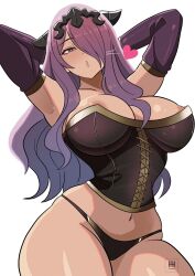 1girl areola_slip armpits arms_behind_head black_panties blowing_kiss blush bodice breasts camilla_(fire_emblem) cleavage fire_emblem fire_emblem_fates gloves hair_ornament hair_over_one_eye heart highres ihsnet large_breasts lips long_hair looking_at_viewer midriff navel nintendo panties puckered_lips purple_eyes purple_hair seductive_gaze simple_background skindentation solo thick_thighs thighs tiara underwear very_long_hair wavy_hair