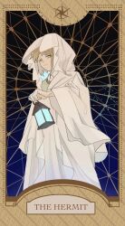 Rule 34 | 1boy, brown hair, card (medium), chinese commentary, cloak, closed mouth, collared shirt, commentary request, english text, fictionprintersassociation, frown, green vest, harada mutei, highres, holding, holding lantern, hood, hood up, hooded cloak, lantern, male focus, saibou shinkyoku, shirt, short hair, solo, tarot, tarot (medium), the hermit (tarot), vest, white cloak, white shirt, wide sleeves, yellow eyes