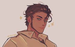 1boy black_shirt brown_hair cikenugets claude_von_riegan claude_von_riegan_(timeskip) collared_shirt commentary dark-skinned_male dark_skin earrings english_commentary fire_emblem fire_emblem:_three_houses green_eyes grey_background hair_slicked_back jewelry looking_to_the_side male_focus nintendo parted_lips piercing shirt short_hair sideburns sideways_glance simple_background smile solo sparkle twitter_username upper_body wing_collar