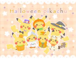 &gt;_&lt; anko_mof creatures_(company) game_freak gen_1_pokemon gen_7_pokemon ghost_costume halloween halloween_costume hat highres mimikyu nintendo no_humans one_eye_closed open_mouth pikachu pokemon pokemon_(creature) pumpkin_costume smile star_(symbol) twitter_username witch_hat