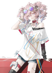 Rule 34 | 1girl, absurdres, adjusting eyewear, ambience synesthesia, animal ears, antenna hair, arknights, arm support, armpit crease, bandaid, bandaid on leg, belt collar, black shirt, blue shorts, blush, bow, braid, breasts, collar, commentary, controller, cowboy shot, dated, donut hair ornament, drill hair, english commentary, facial mark, finger on eyewear, food-themed hair ornament, game controller, gamepad, gradient eyes, hair between eyes, hair bow, hair ornament, hamster ears, hand up, heart, heart facial mark, highres, layered clothes, layered sleeves, long sleeves, luozhou pile, medium breasts, medium hair, multicolored eyes, multicolored hair, off-shoulder shirt, off shoulder, official alternate costume, pink eyes, purple eyes, purple hair, round eyewear, scrunchie, see-through clothes, see-through shirt, shirt, short over long sleeves, short sleeves, shorts, sidelocks, signature, single bare shoulder, single sleeve, smile, solo, star (symbol), star hair ornament, sunglasses, t-shirt, thigh strap, twin braids, twin drills, two-tone hair, u-official (arknights), white shirt, wrist scrunchie
