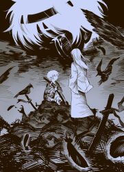 2boys aged_down bird black_feathers blood child corpse crow crying crying_with_eyes_open falling_feathers feathers from_behind g0nyag gintama hatching_(texture) headband highres holding holding_sword holding_weapon japanese_clothes kimono long_hair long_sleeves male_focus monochrome multiple_boys planted planted_sword planted_weapon sakata_gintoki short_hair sitting standing sword tears weapon yoshida_shouyou