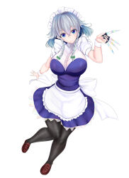 absurdres apron between_fingers black_pantyhose blue_eyes braid breasts grey_hair highres holding holding_knife izayoi_sakuya knife knives_between_fingers kou_(inaba) large_breasts maid maid_apron maid_headdress pantyhose smile touhou twin_braids waist_apron