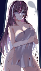 1girl absurdres after_bathing azki_(hololive) bathroom blood blood_on_cheek blood_on_face blood_on_hands blood_on_leg blush breasts cleavage collarbone colored_inner_hair empty_eyes hair_between_eyes highres hololive kurenaiaoi0 large_breasts long_hair looking_at_viewer mole mole_under_eye multicolored_hair naked_towel open_mouth pink_eyes pink_hair shower_(place) solo streaked_hair thighs towel virtual_youtuber wet
