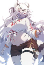 1girl ahoge animal_ears breasts brown_shorts commentary commentary_request cowboy_shot crop_top furry furry_female hair_between_eyes hannah_(mahjong_soul) highres large_breasts long_bangs long_hair looking_at_viewer mahjong_soul midriff mouth_veil navel open_fly open_mouth paid_reward_available pink_eyes plump pouch rumine_(yoshi1234567) shirt short_sleeves shorts simple_background smile solo tail thigh_pouch tiger_ears tiger_girl tiger_tail veil very_long_hair white_background white_shirt