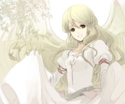 1girl blonde_hair curly_hair dress female_focus fire_emblem fire_emblem:_path_of_radiance fire_emblem:_radiant_dawn green_eyes hanakago laguz_(race) leanne_(fire_emblem) long_hair nintendo smile solo wings