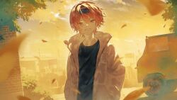 1boy brick_wall car cloud commentary earrings fagi_(kakikaki) falling_leaves hands_in_pockets highres jewelry leaf long_sleeves motor_vehicle original red_hair short_hair solo tree